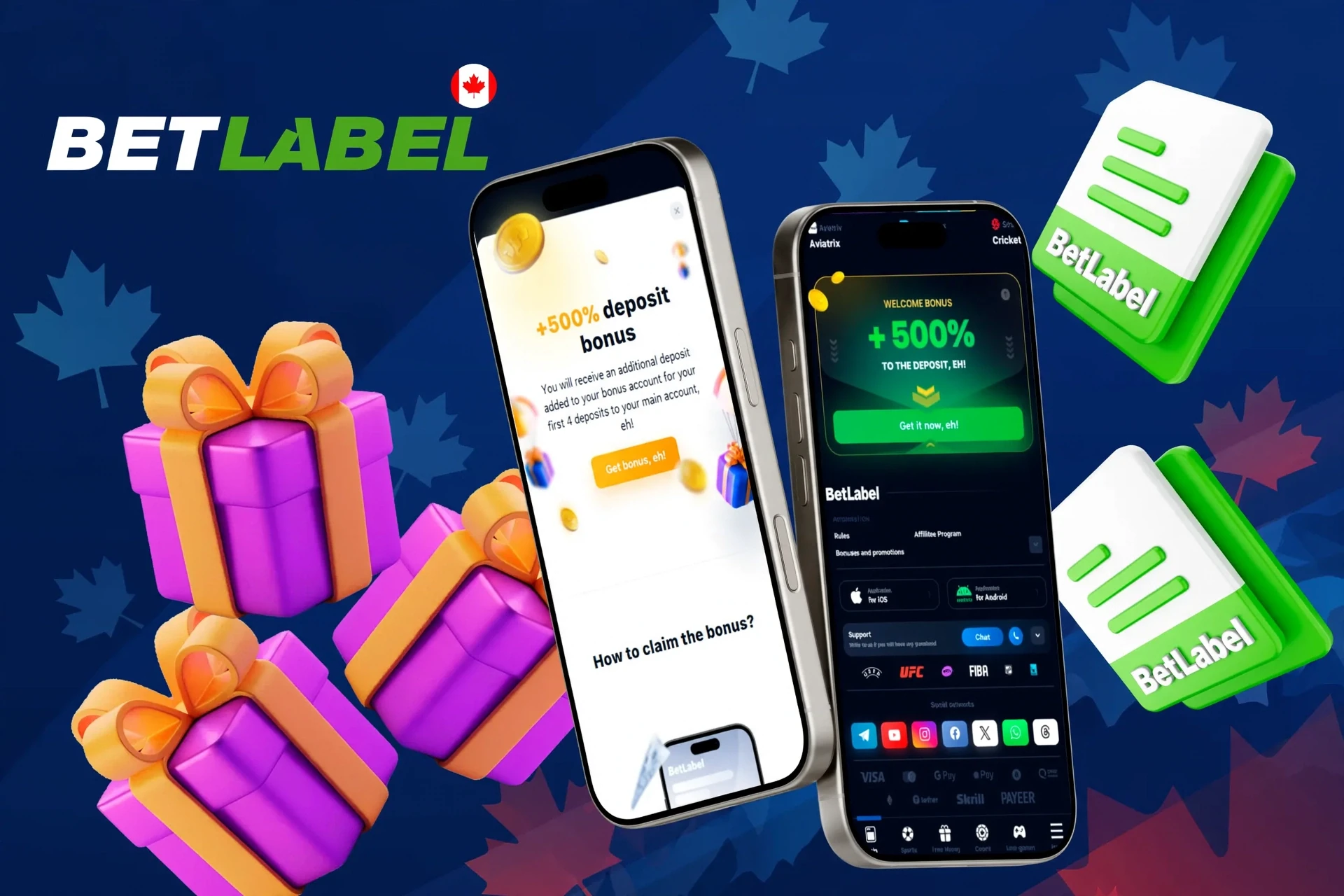 BetLabel mobile app promotion with 100% welcome bonus up to €1,500 plus 150 Free Spins illustration