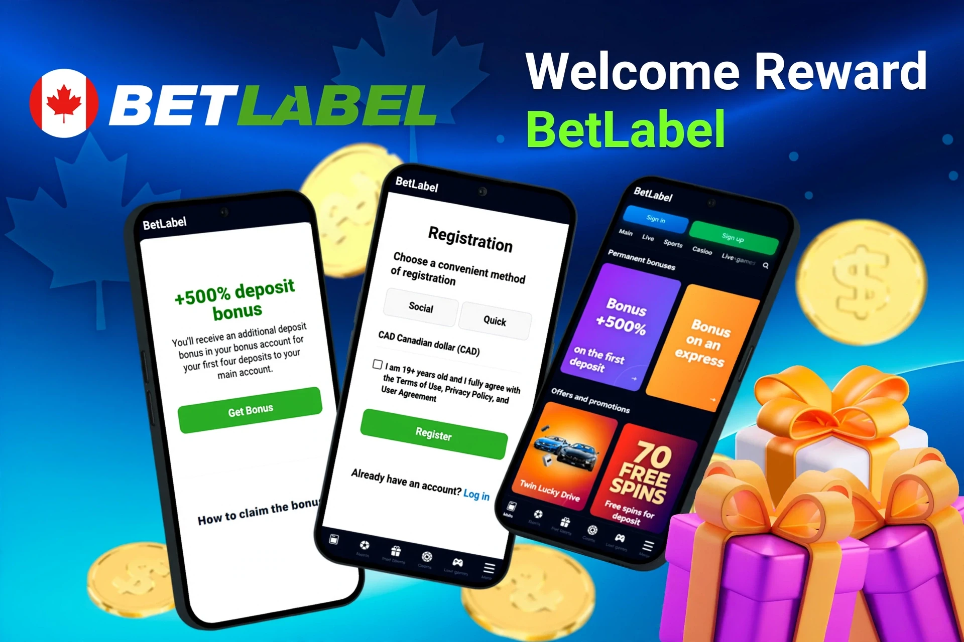 Mobile screens displaying BetLabel registration and 500% deposit bonus with gift boxes