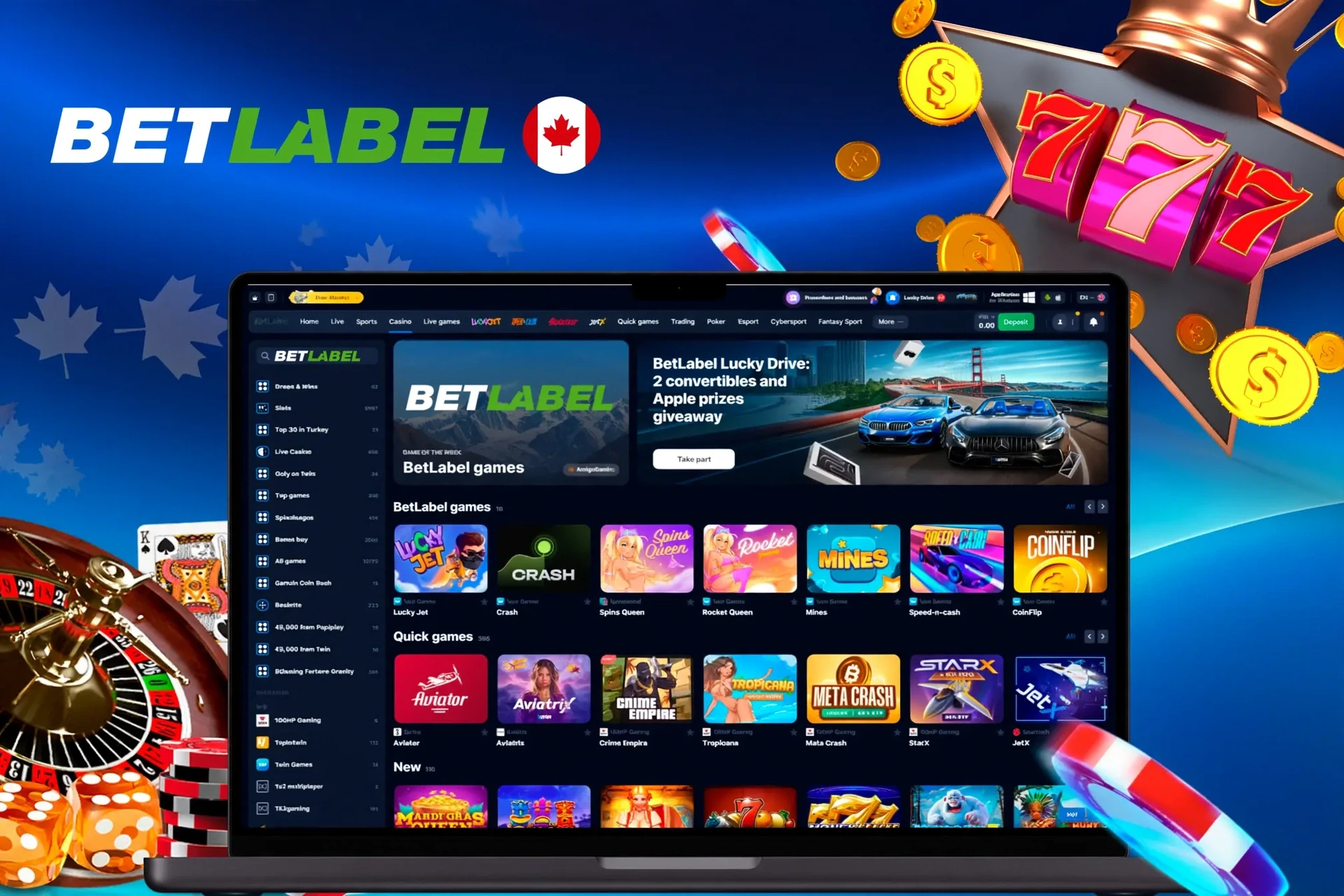 Casino homepage displaying slots and crash games, such as Lucky Jet and Blazing Crown