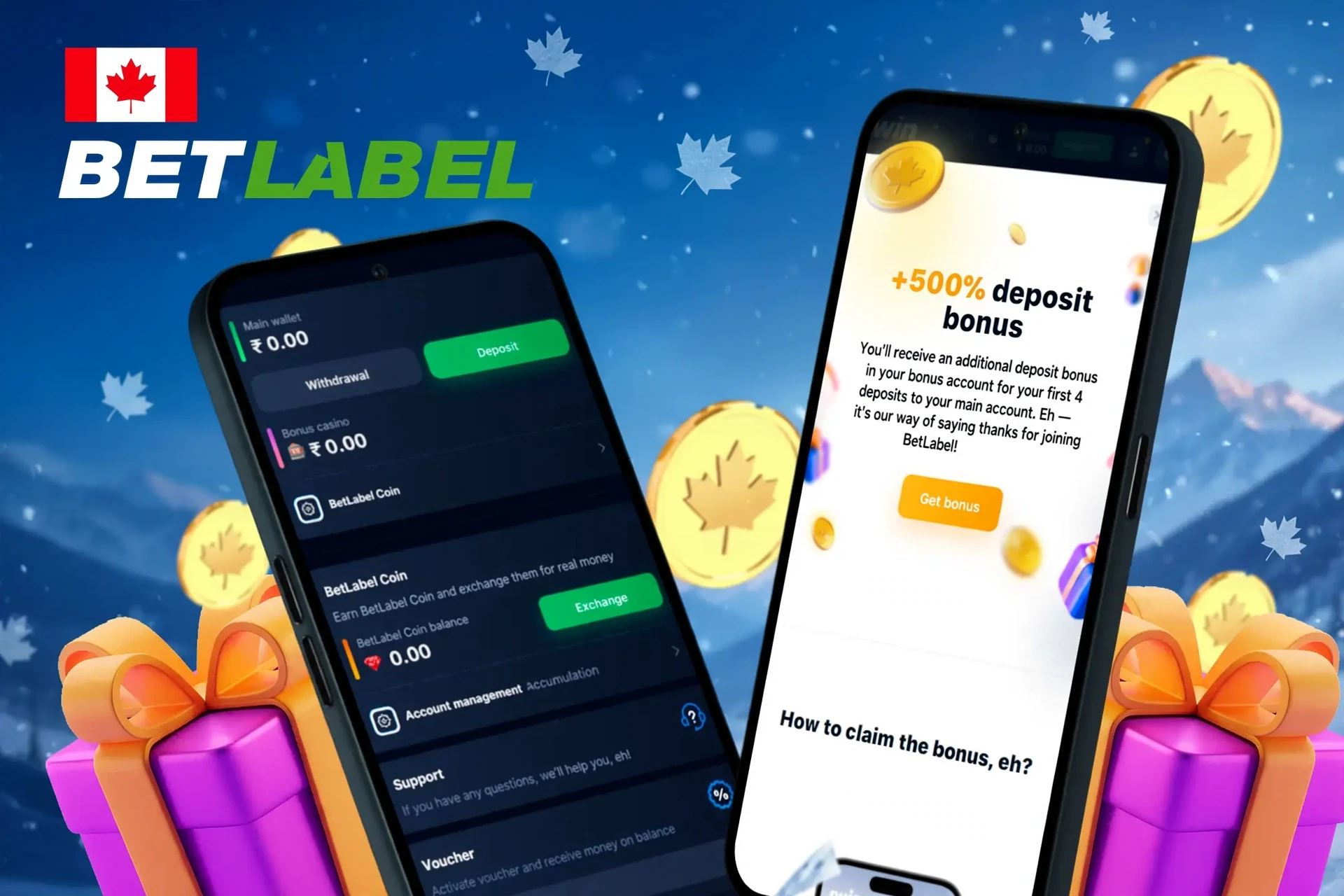 deposit and withdrawal screen showing wallet balance, account management options, and a 500% deposit bonus offer