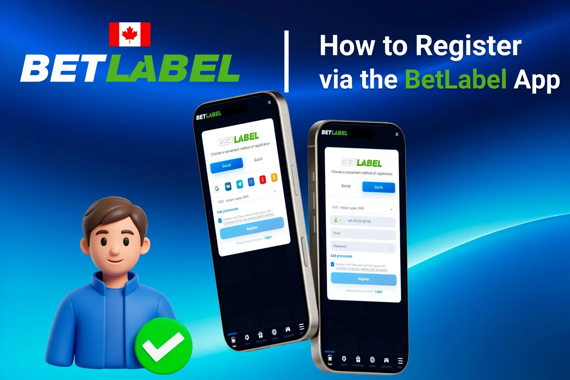 Registration process on the BetLabel mobile app with social login options