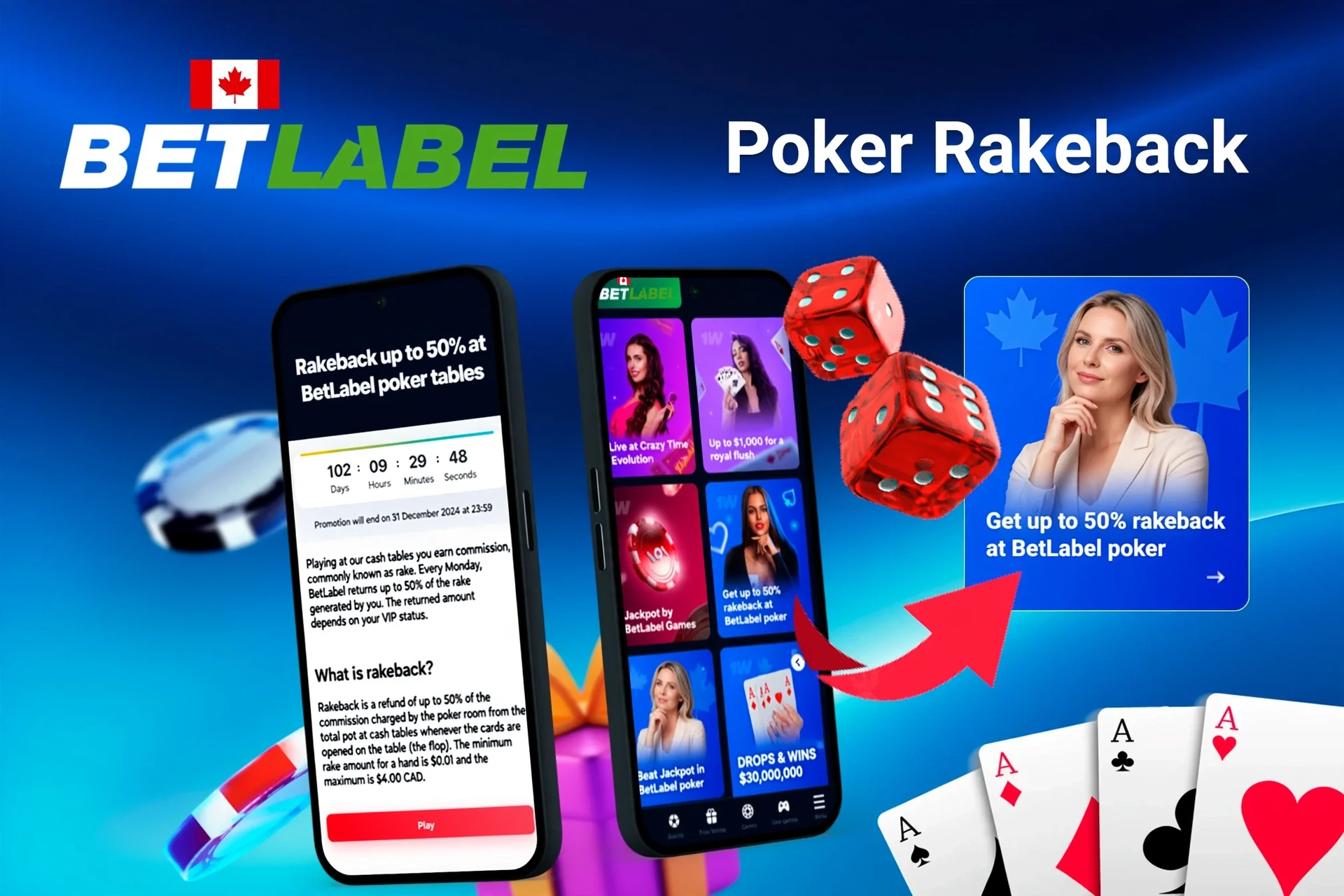 Mobile app with BetLabel poker rakeback offer up to 50%, red dice, and playing cards