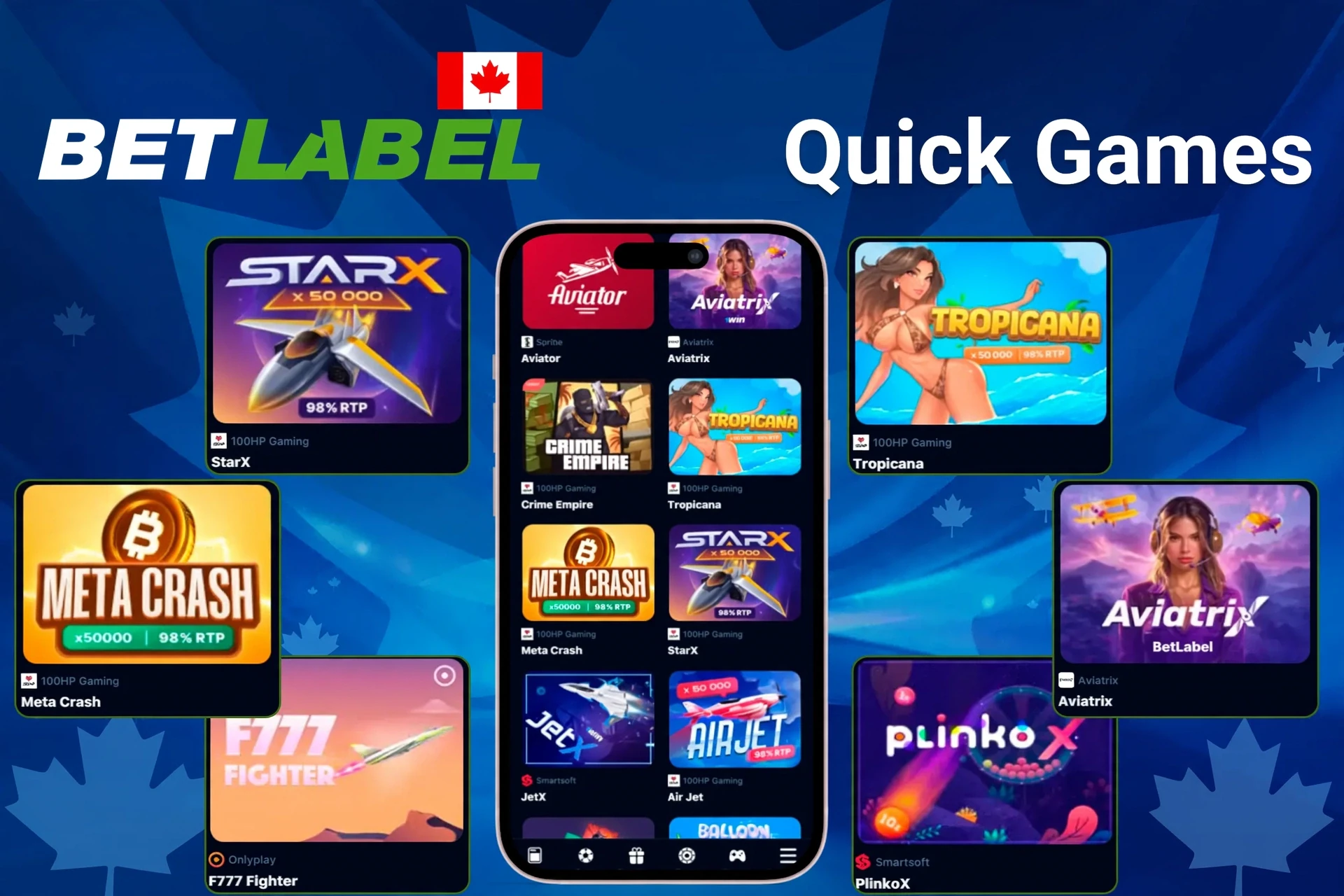 Quick games section highlighting titles such as StarX, Tropicana, Meta Crash, and PlinkoX on the mobile app