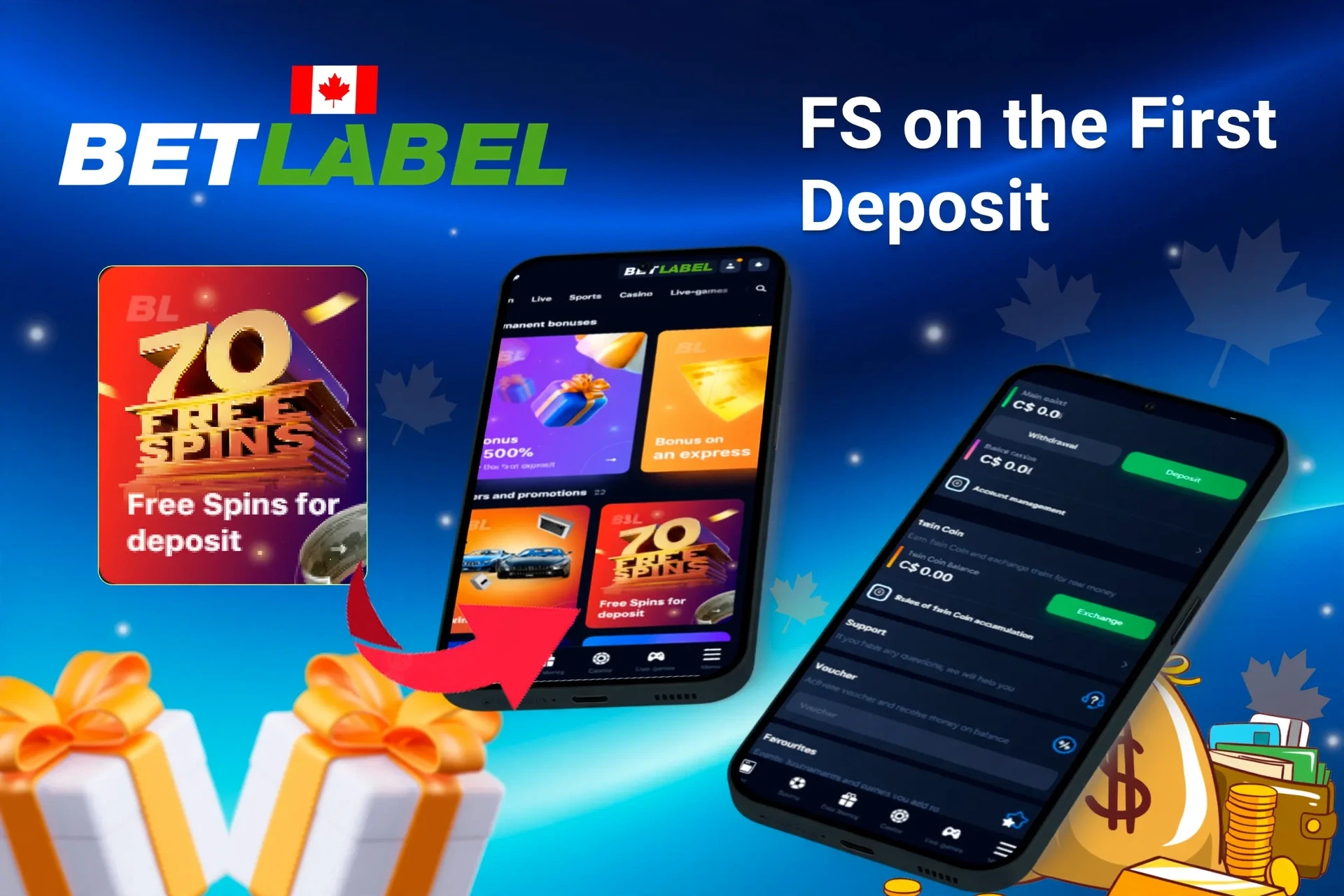 Mobile app showing casino game offers like loyalty program and free spins with poker chips and cards