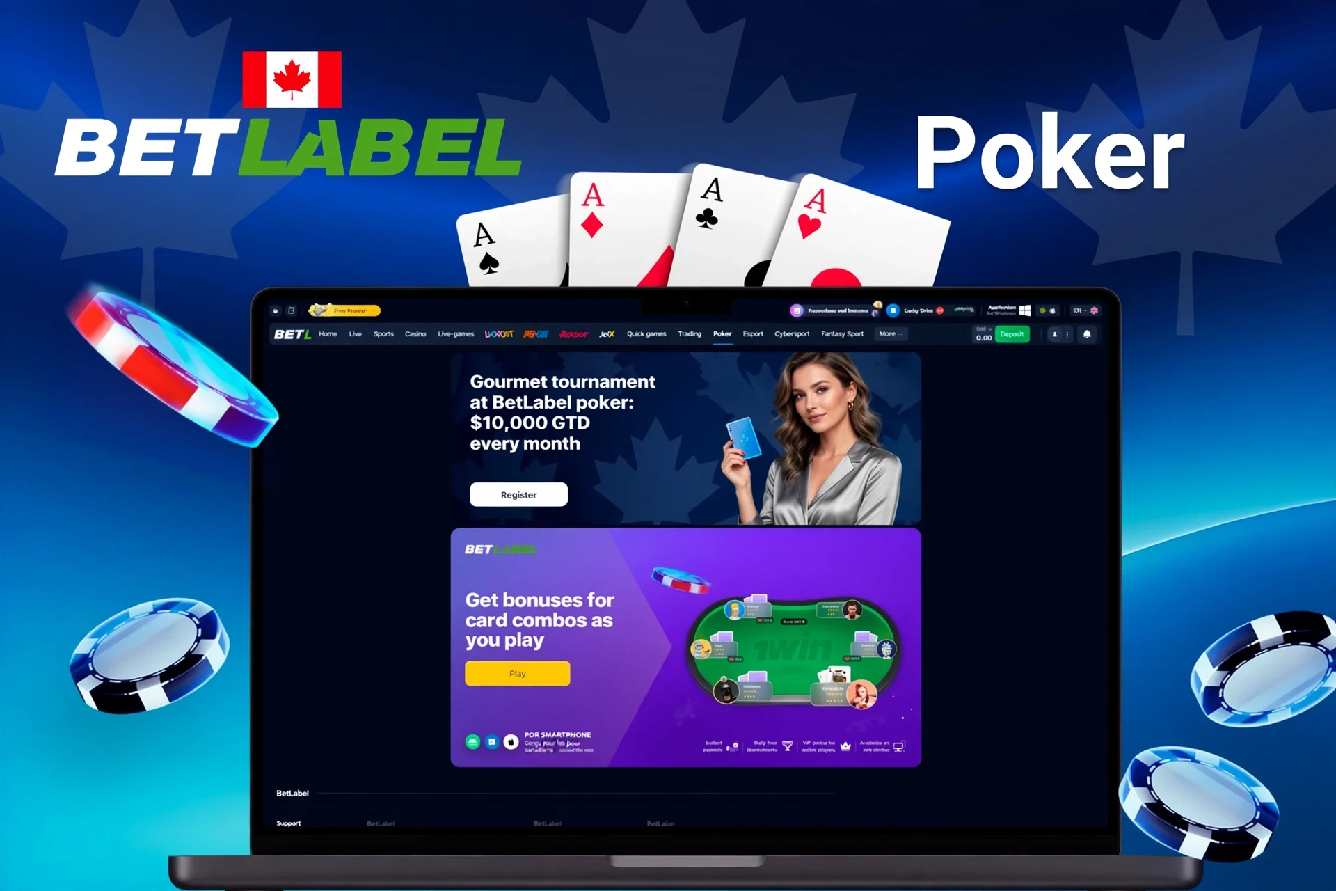 BetLabel poker promotion showcasing a tournament with a $10,000 guaranteed prize and combo bonuses