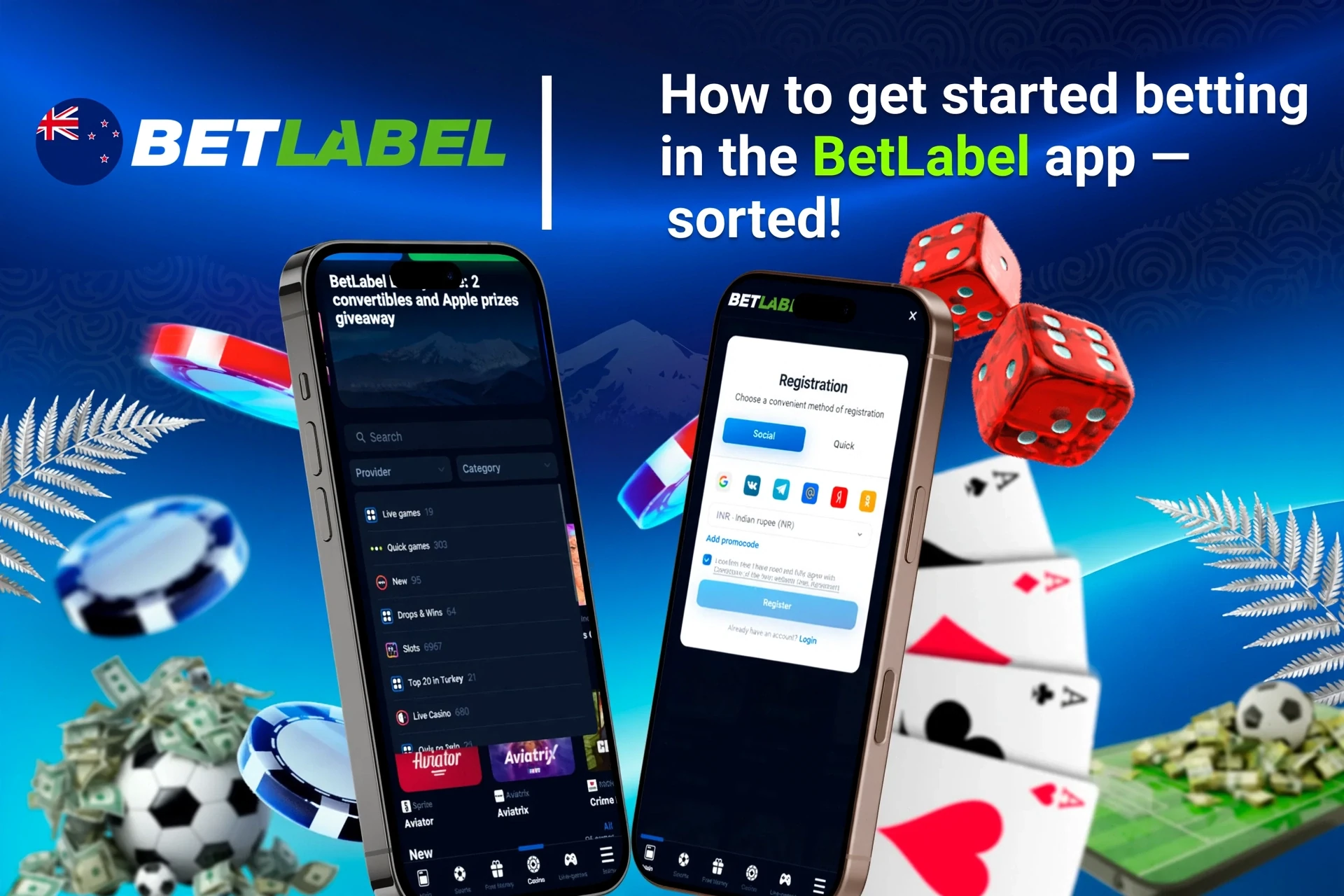 Step-by-step guide to starting betting on the app, with registration and game selection shown on mobile screens