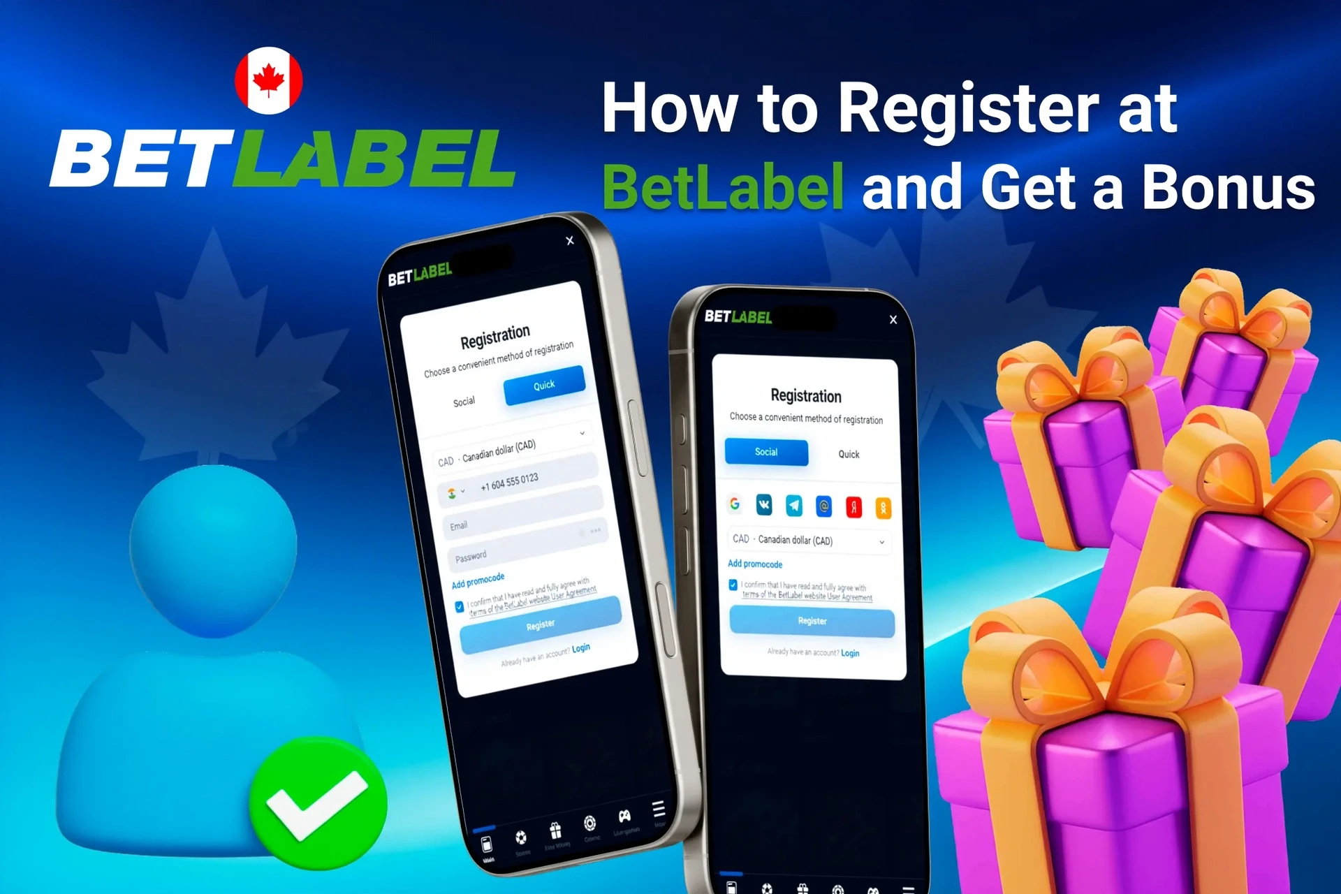 Mobile registration page for BetLabel showing bonus offers with purple and gold gift boxes