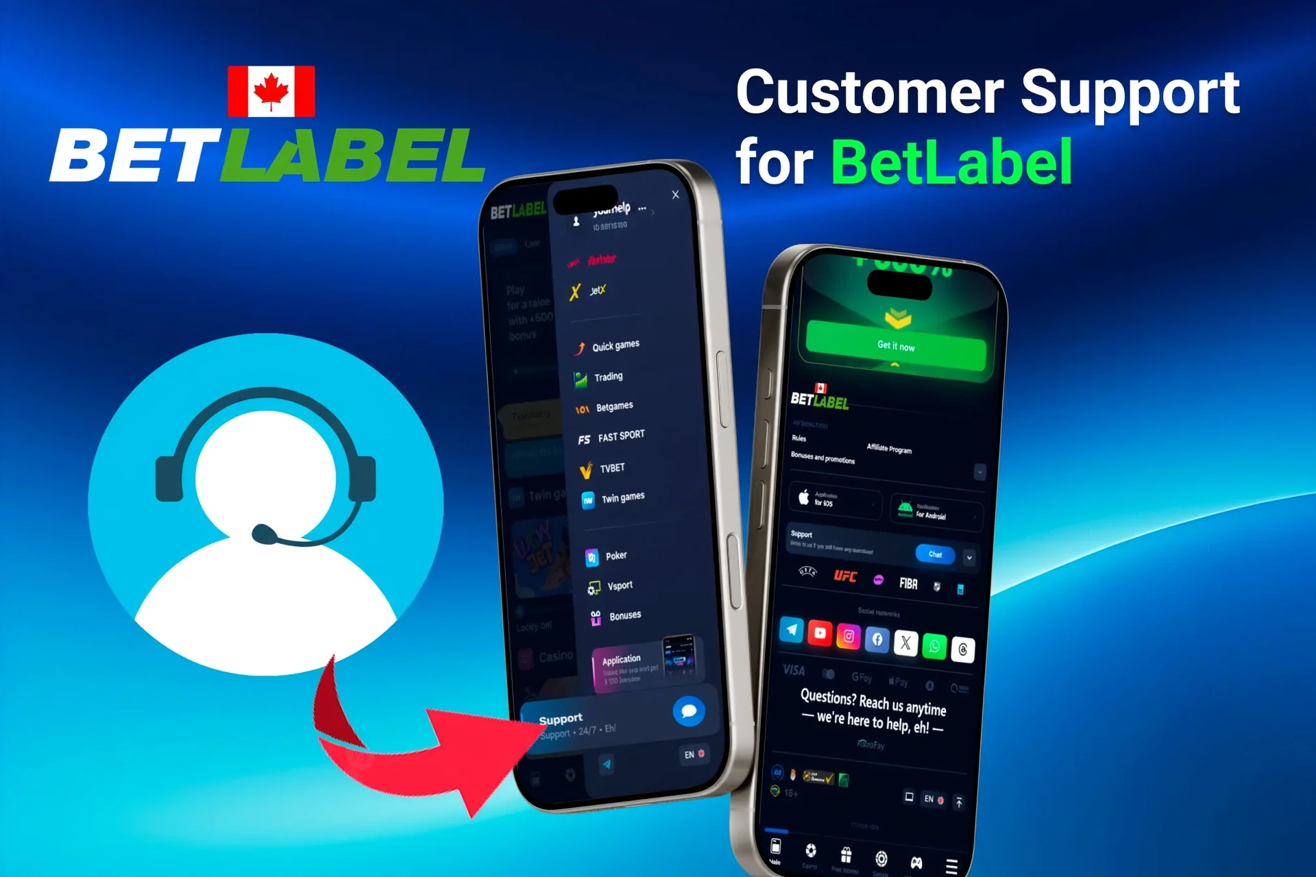 Customer support feature for the app, highlighting options for contacting support through the app