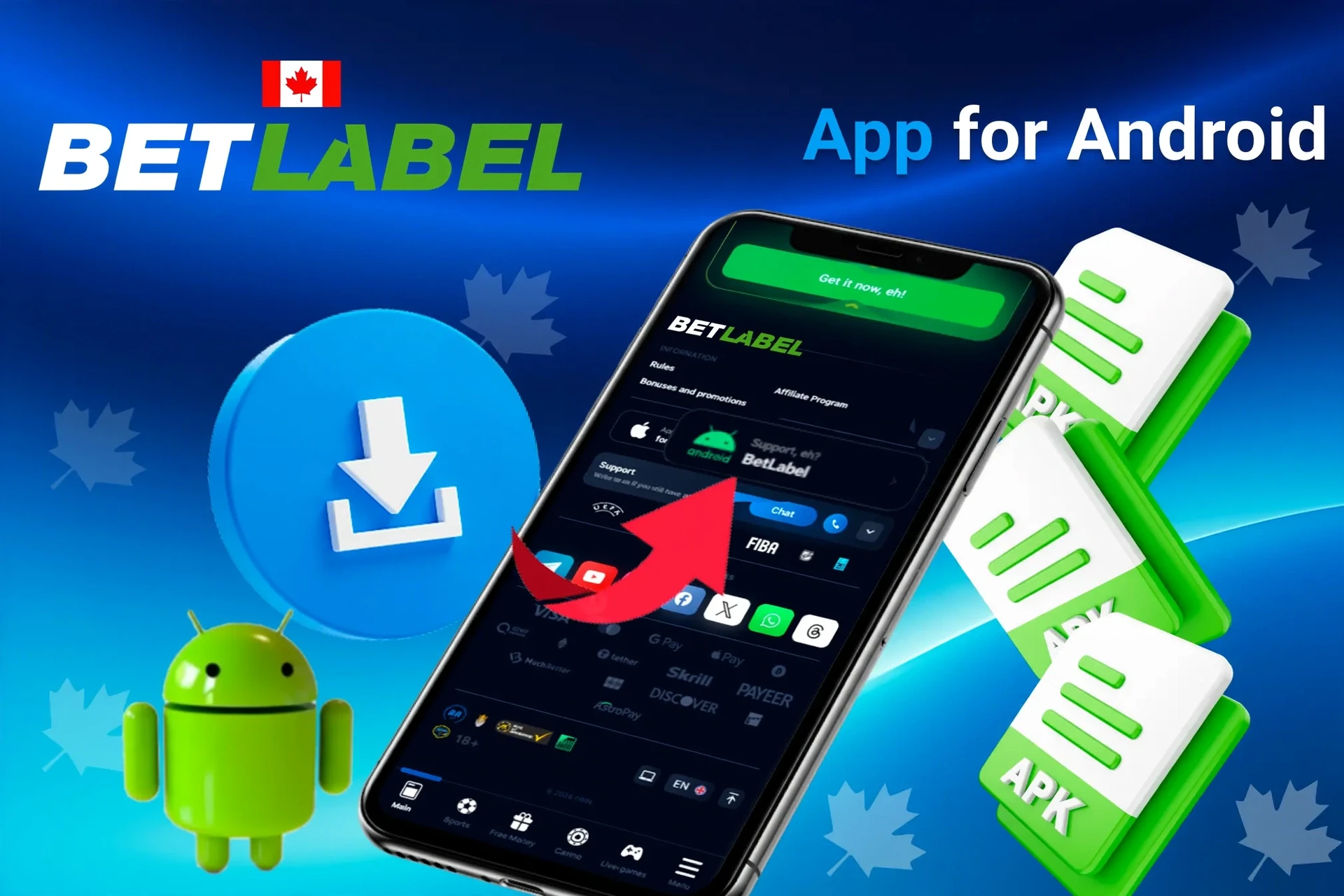 BetLabel Android app download process with APK file icons and Android mascot