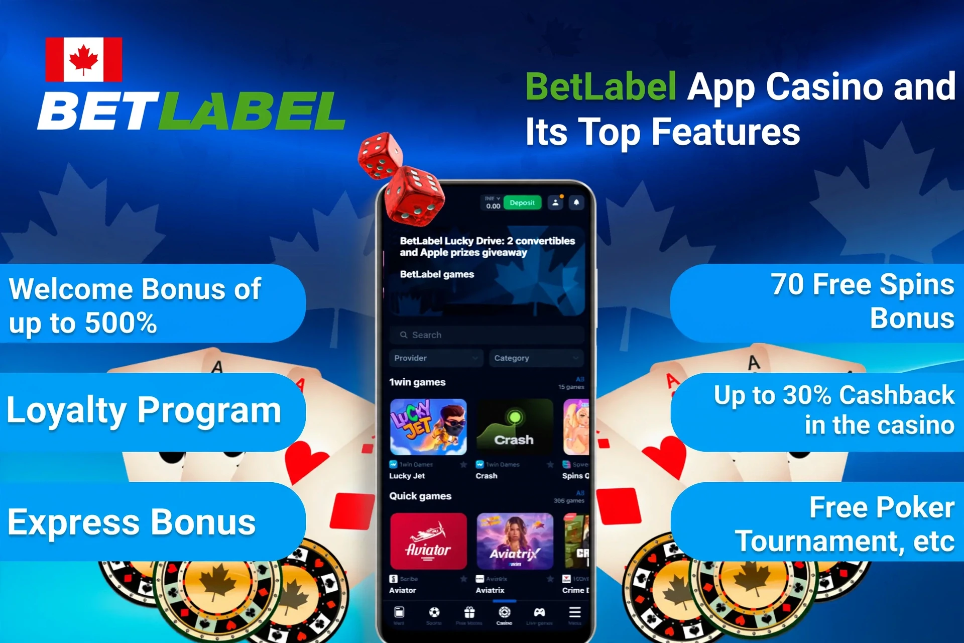 1Win App Casino top features including welcome bonus, loyalty program, and express bonus on mobile interface