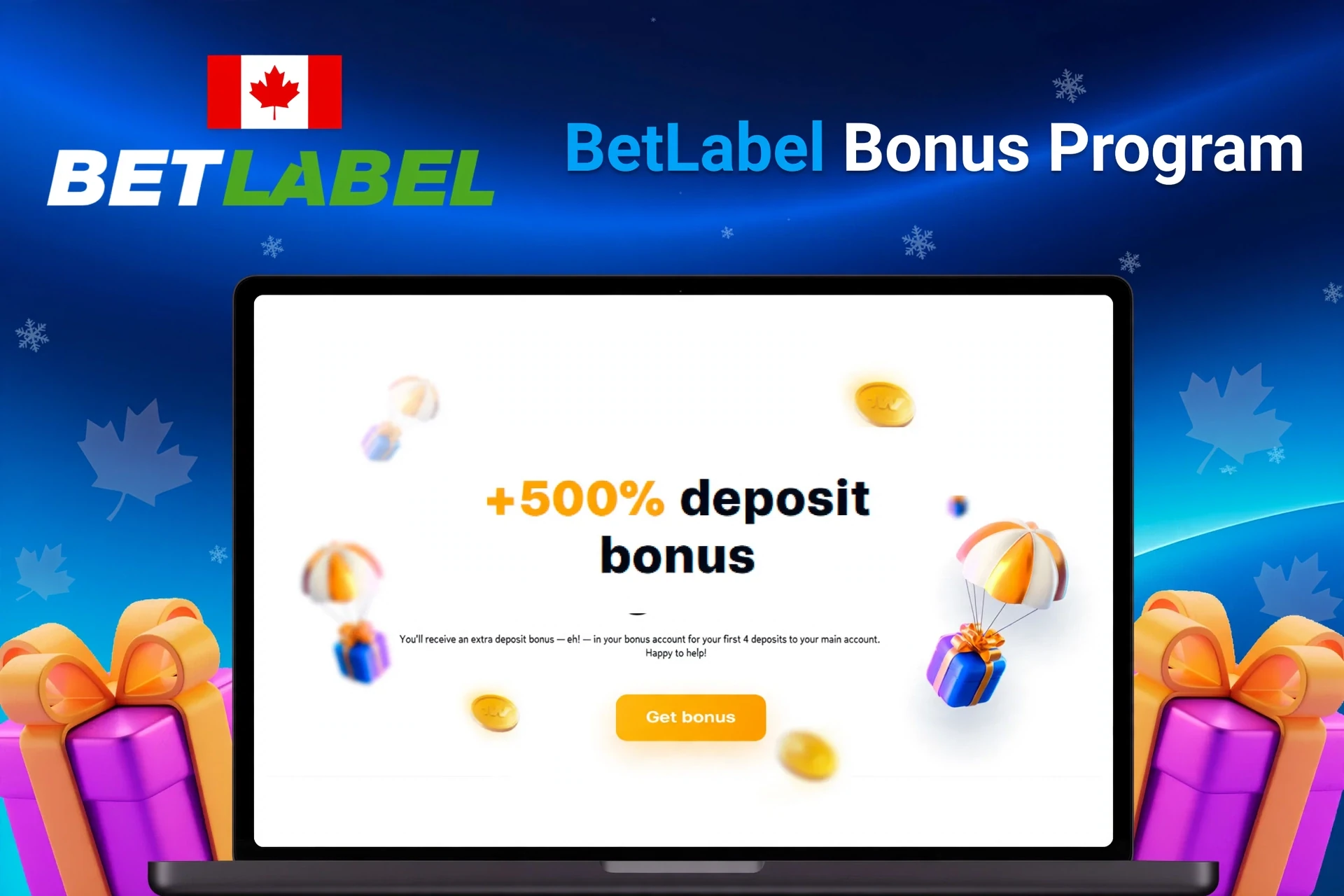 Laptop showing bonus offer of +500% deposit bonus with floating coins and gifts