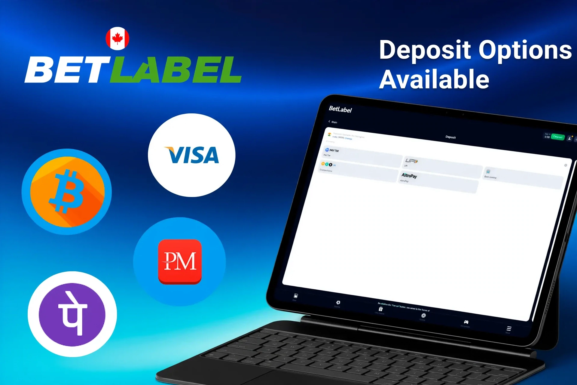 Deposit options available on BetLabel platform, including Bitcoin, Visa, Interac e-Transfer, and e-wallets, displayed on a tablet