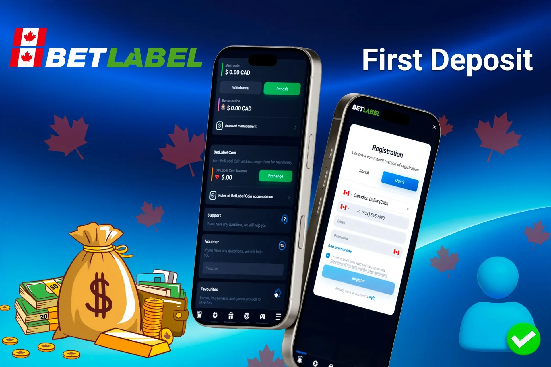 mobile interface showing steps to make the first deposit, with icons for payment options and bonus registration