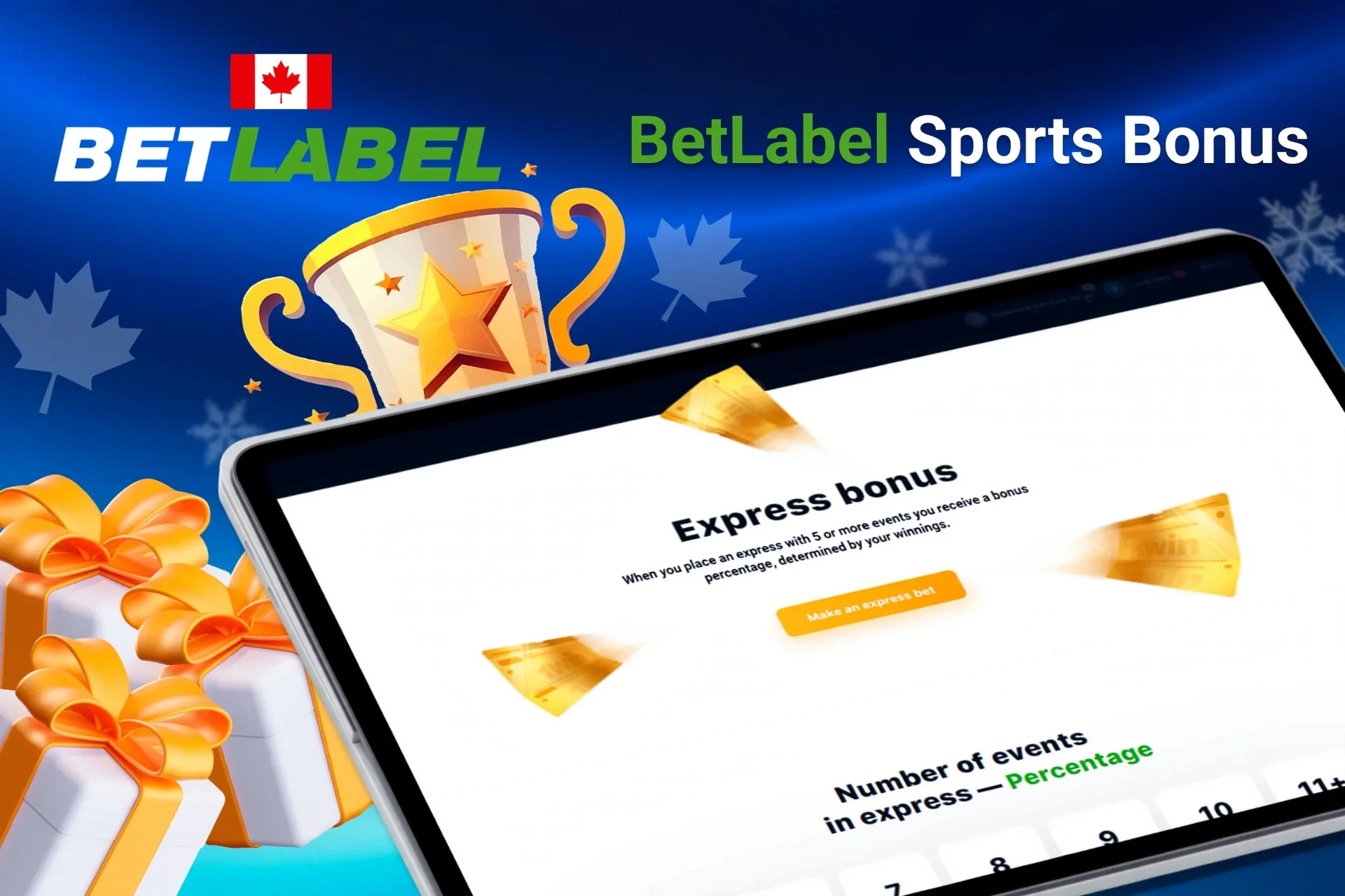 Tablet screen with express bonus offer for sports betting from BetLabel, with trophy and gift boxes.