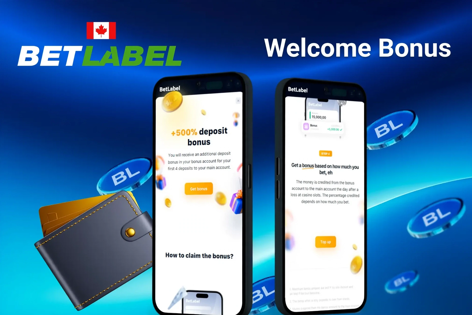 BetLabel welcome bonus screen with welcome bonus offer for the first four deposits, displayed on two mobile screens