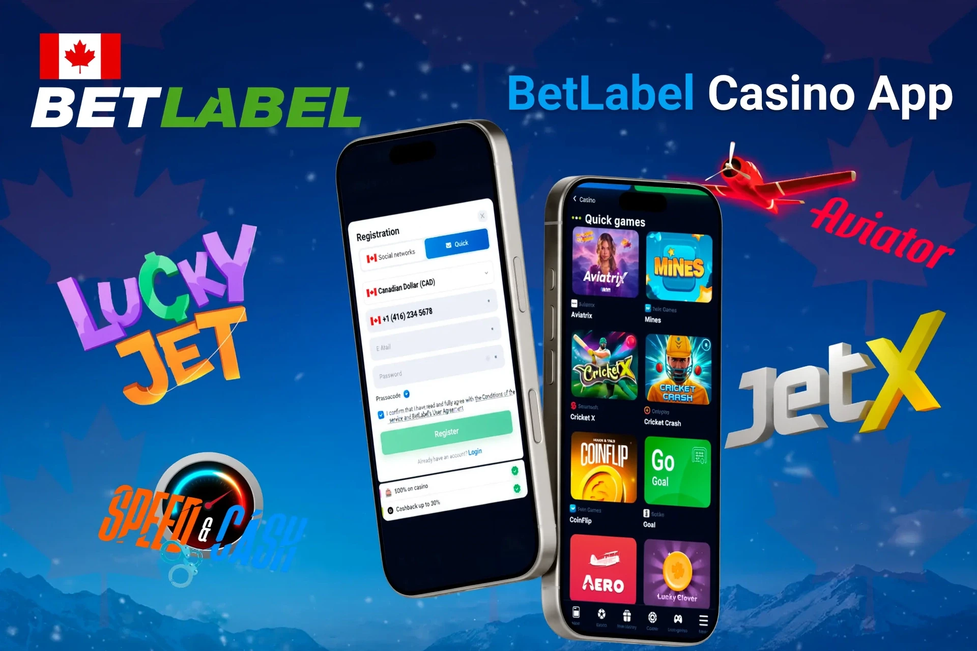 BetLabel Casino app registration screen with quick games like Aviatrix and JetX