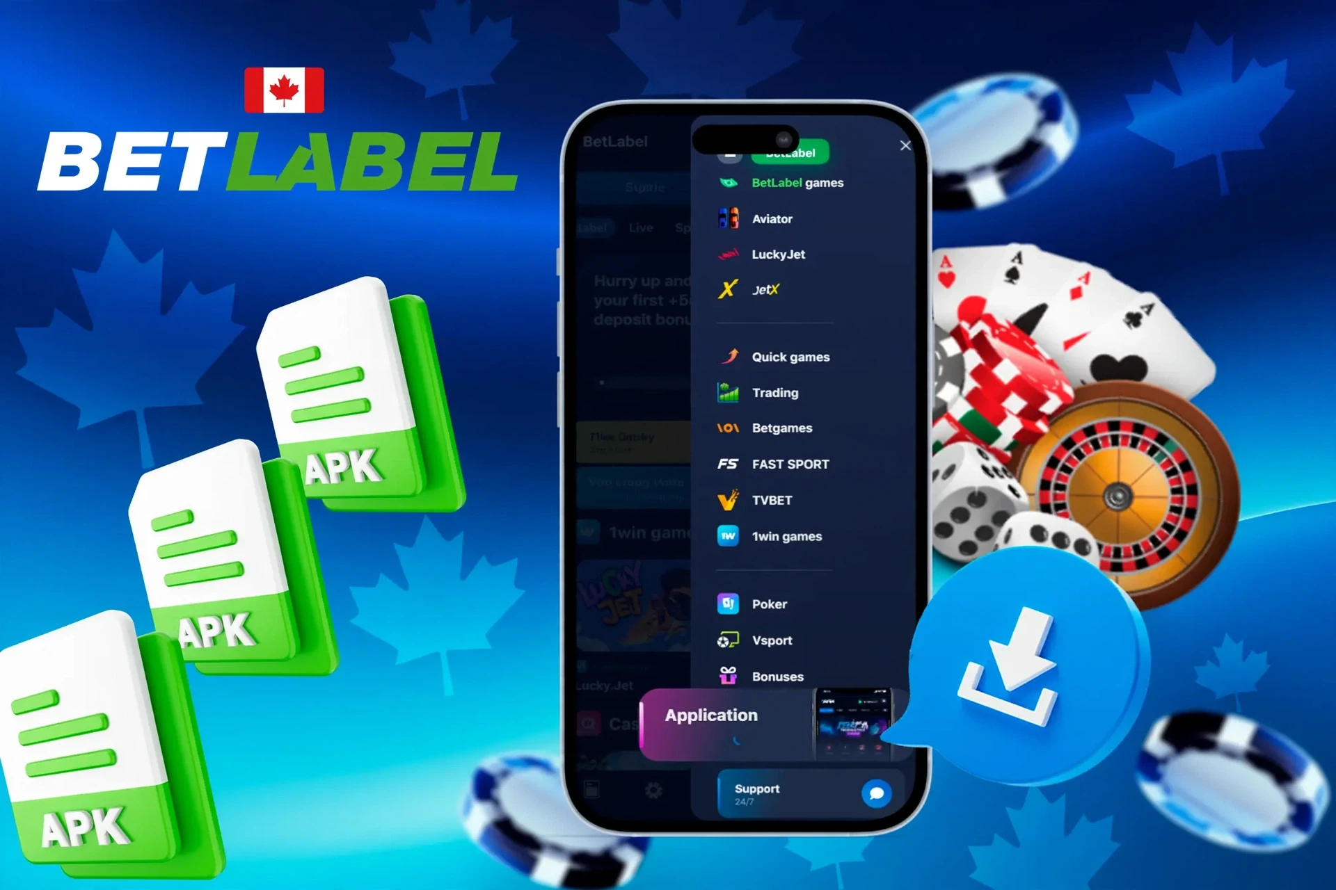 BetLabel app with APK file icons and casino chips illustrating mobile access to BetLabel games