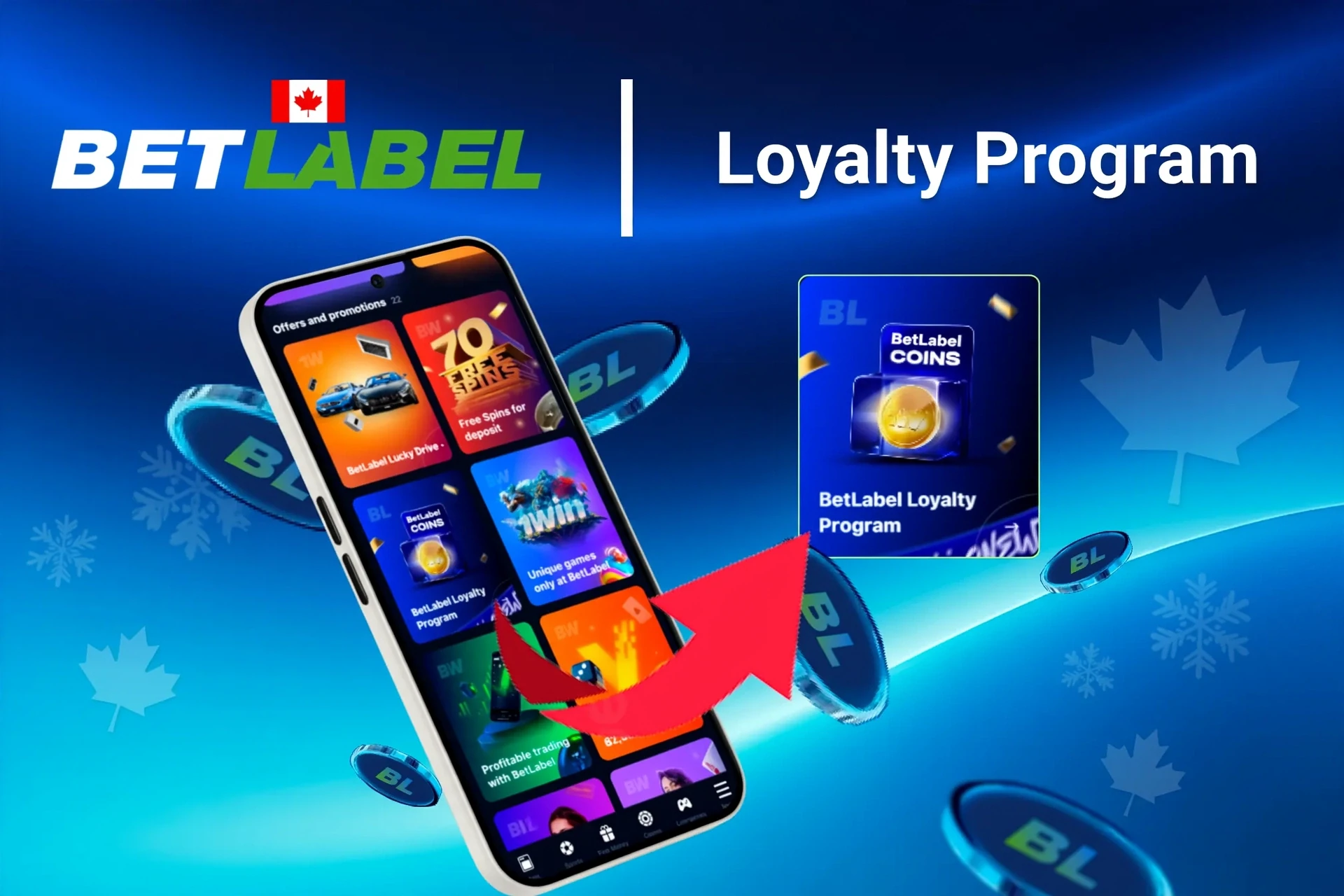 Mobile app showing BetLabel loyalty program and offers like free spins and Lucky Drive.