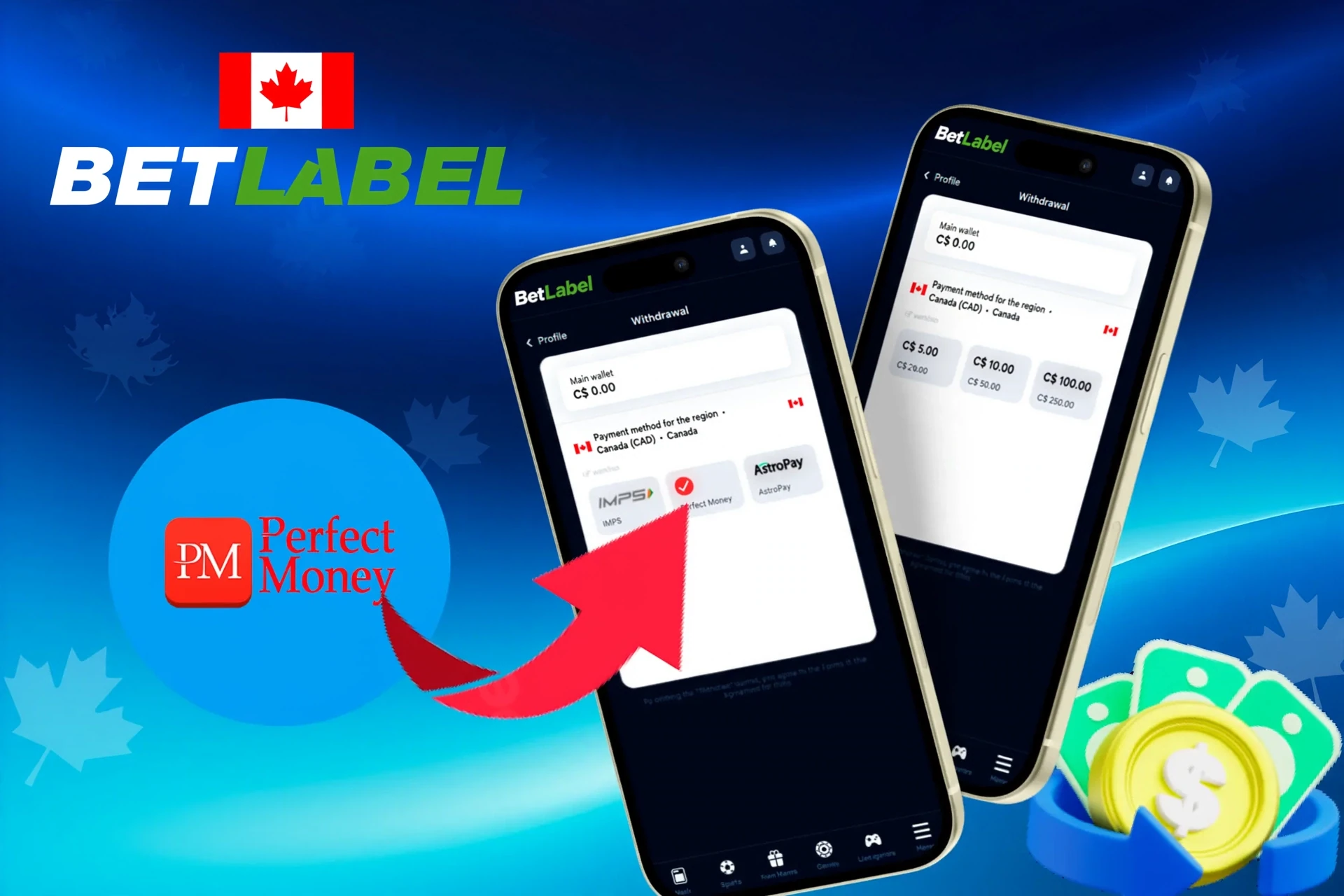 withdrawal options, featuring Perfect Money, AstroPay, and other wallet services, shown on a mobile interface