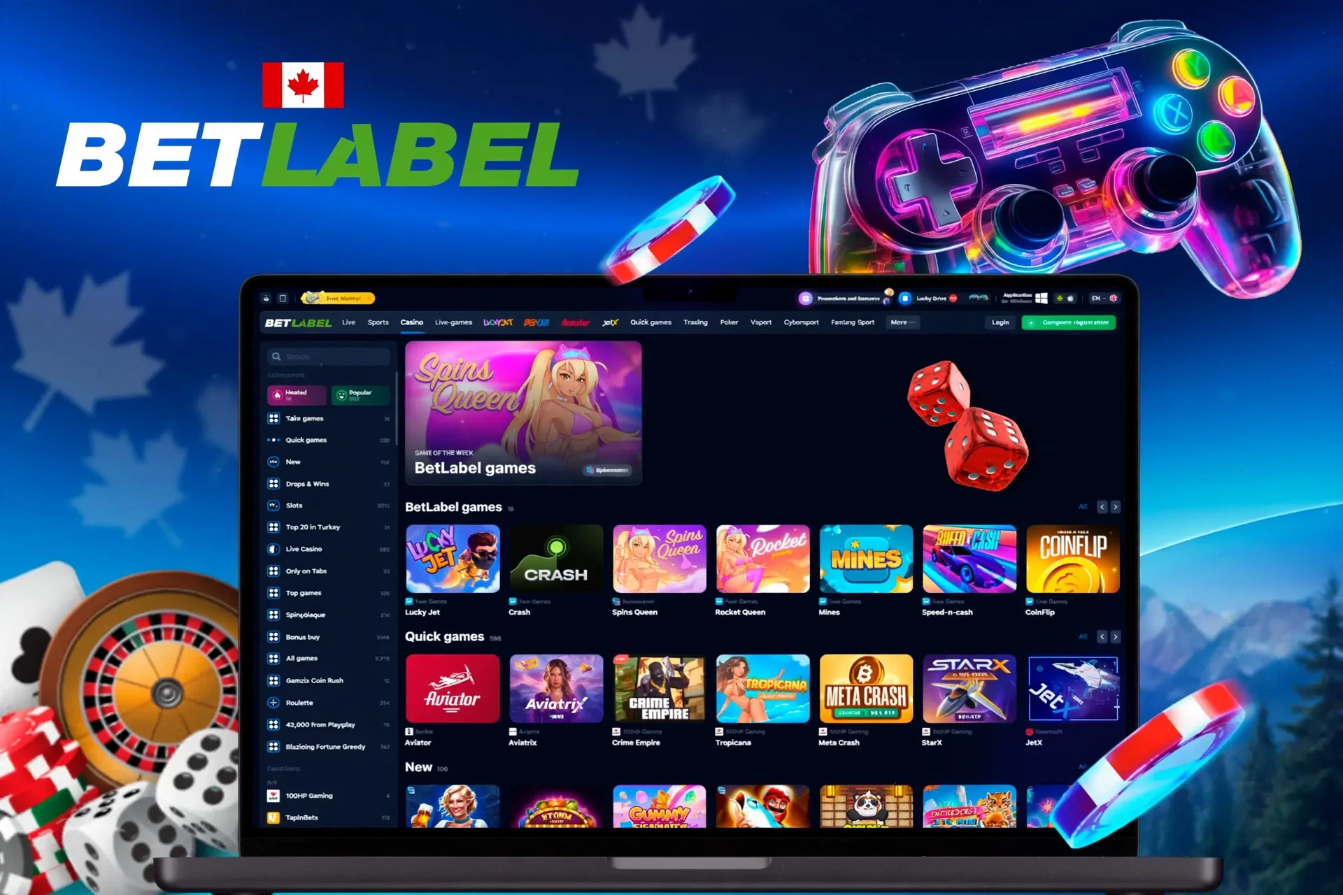 app interface showing a variety of games like Spins Queen, Crash, and Rocket Queen with a vibrant game controller icon