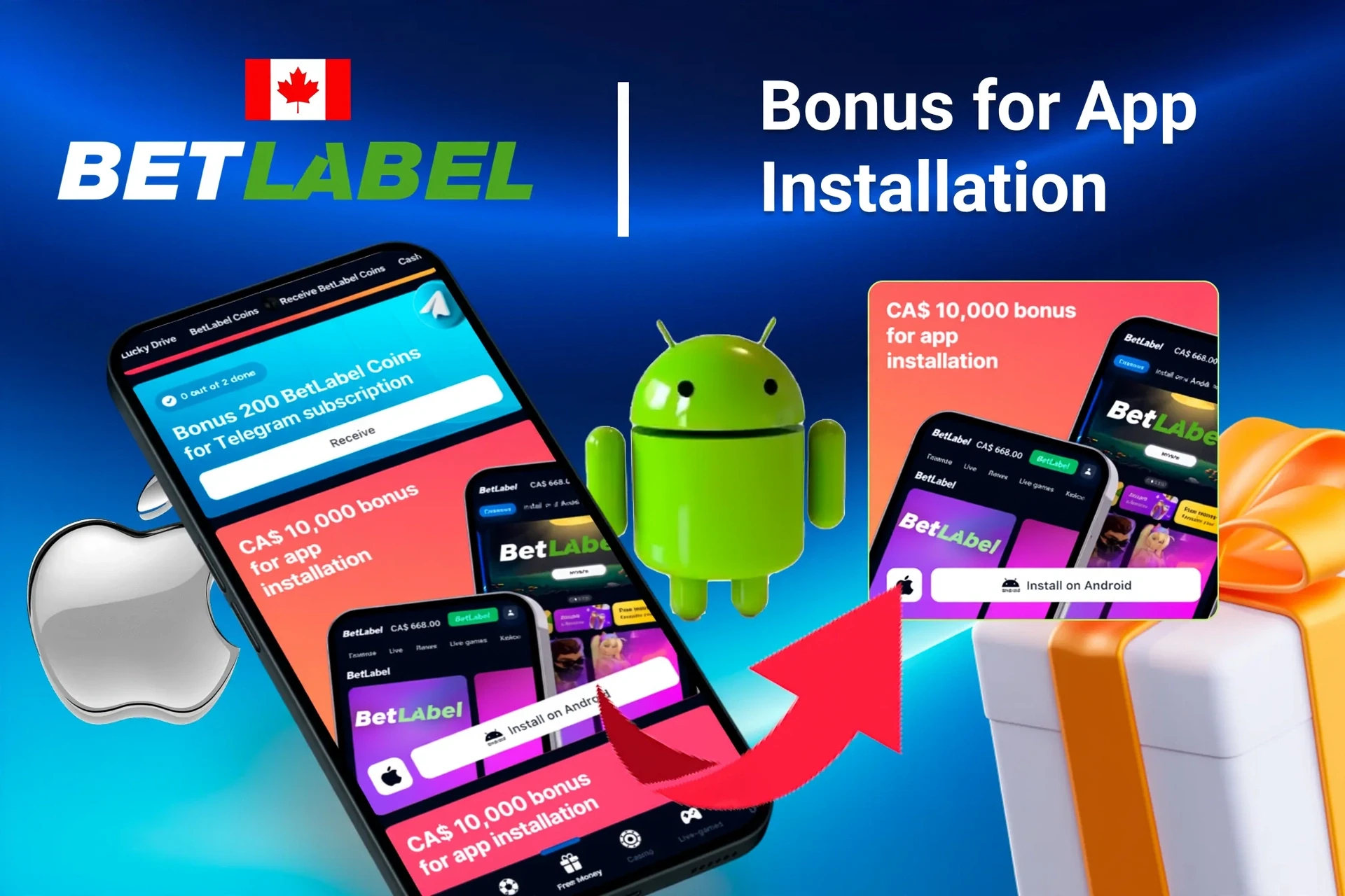 BetLabel bonus offer for app installation on mobile with Android and Apple logos, and gift boxes