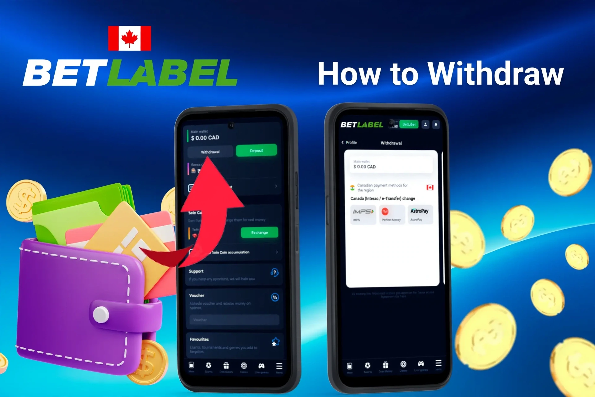 mobile interface showing withdrawal process with an arrow pointing to withdrawal options and available wallet balance