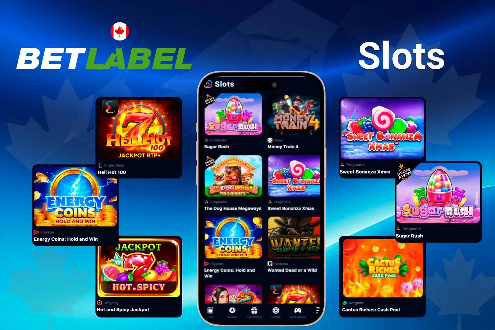 Slot games showcasing popular titles such as Sugar Rush, Energy Coins, and Hell Hot 100 on mobile and desktop