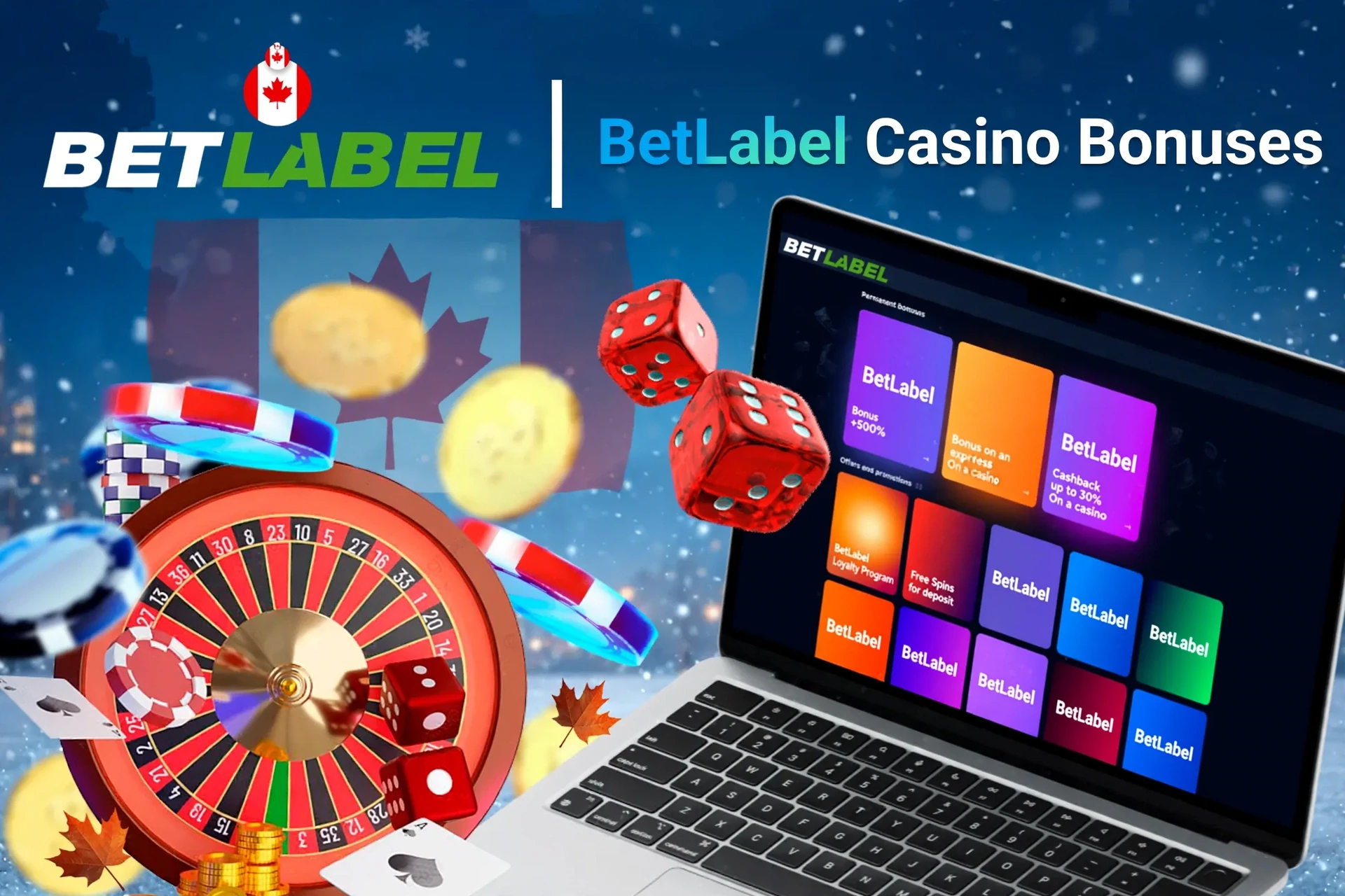 Laptop screen showing various BetLabel casino bonuses with roulette, dice, and poker chips