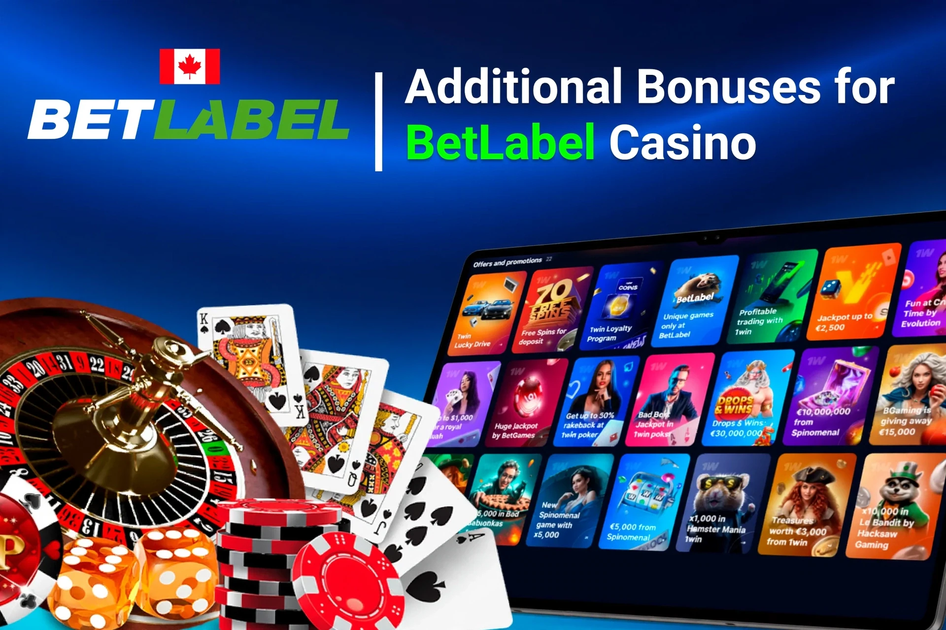 Mobile app showing casino game offers like loyalty program and free spins with poker chips and cards