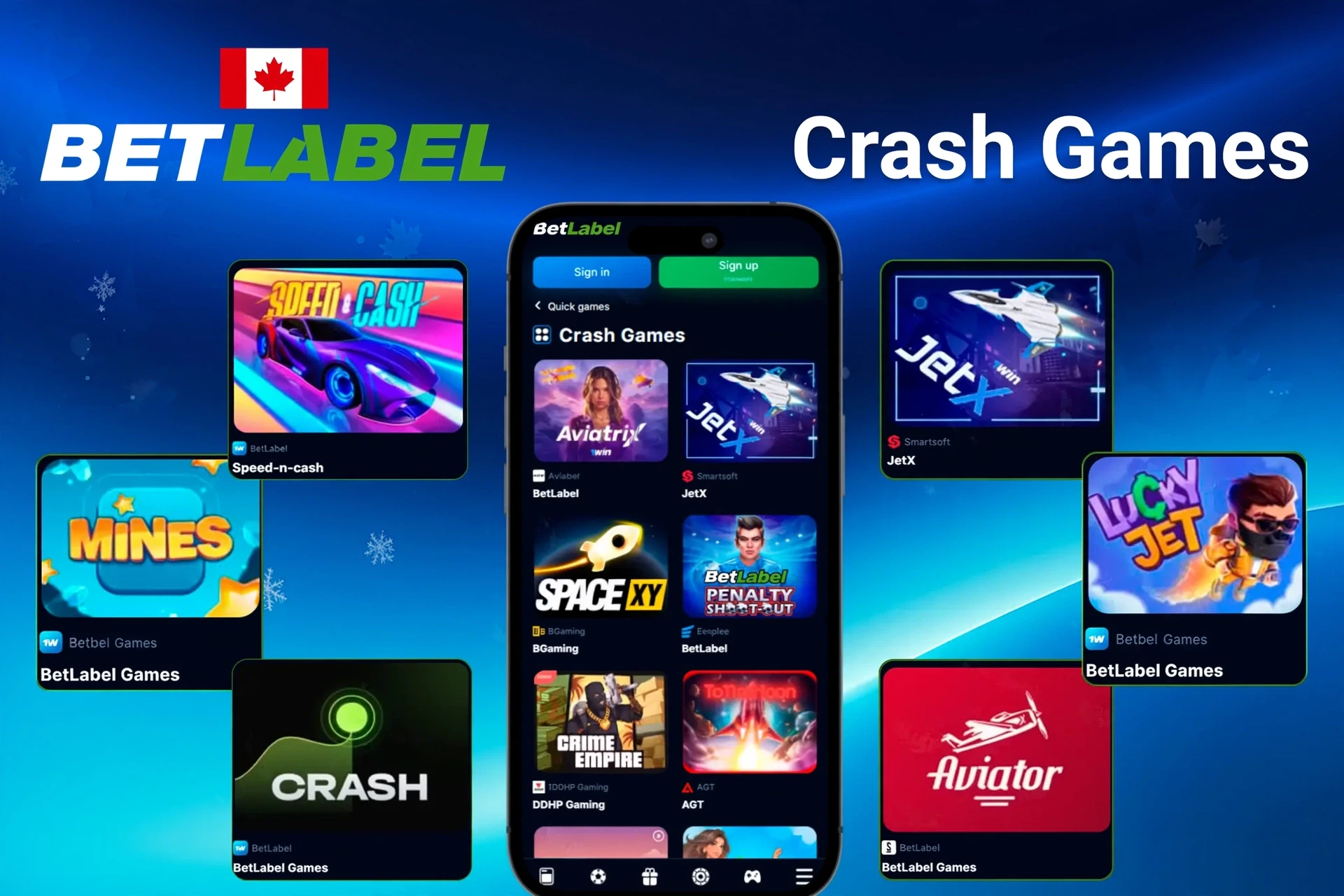 Crash games like Mines, Speed-n-cash, JetX, and Lucky Jet shown on the mobile app